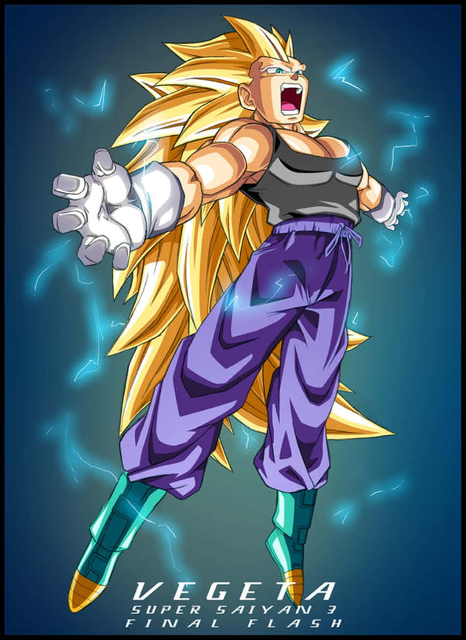 Vegeta's Final Flash 桌布 壁紙 — 一個強大的動漫角色，擁有尖刺的金色頭髮和紫色褲子，在深藍色背景中被藍色閃電包圍著咆哮。