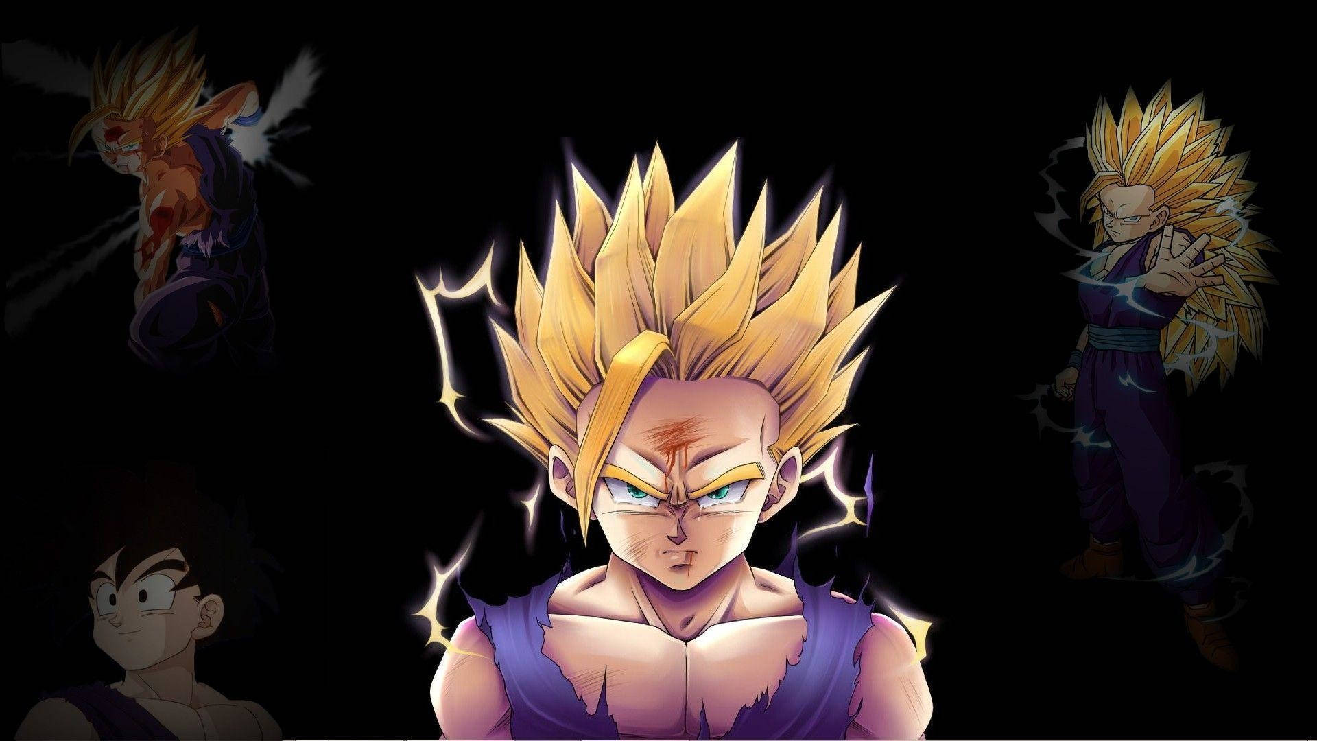 Gohan 桌布 壁紙 — 一個強大的動漫角色，擁有尖刺的金色頭髮和發光的眼睛，在帶有模糊剪影的黑暗背景下散發能量。
