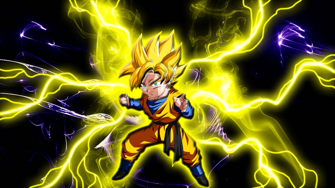 Goten 桌布 壁紙 — 一個強大的動漫角色，擁有尖刺的金色頭髮，在黑暗背景中散發出強烈的黃色閃電。