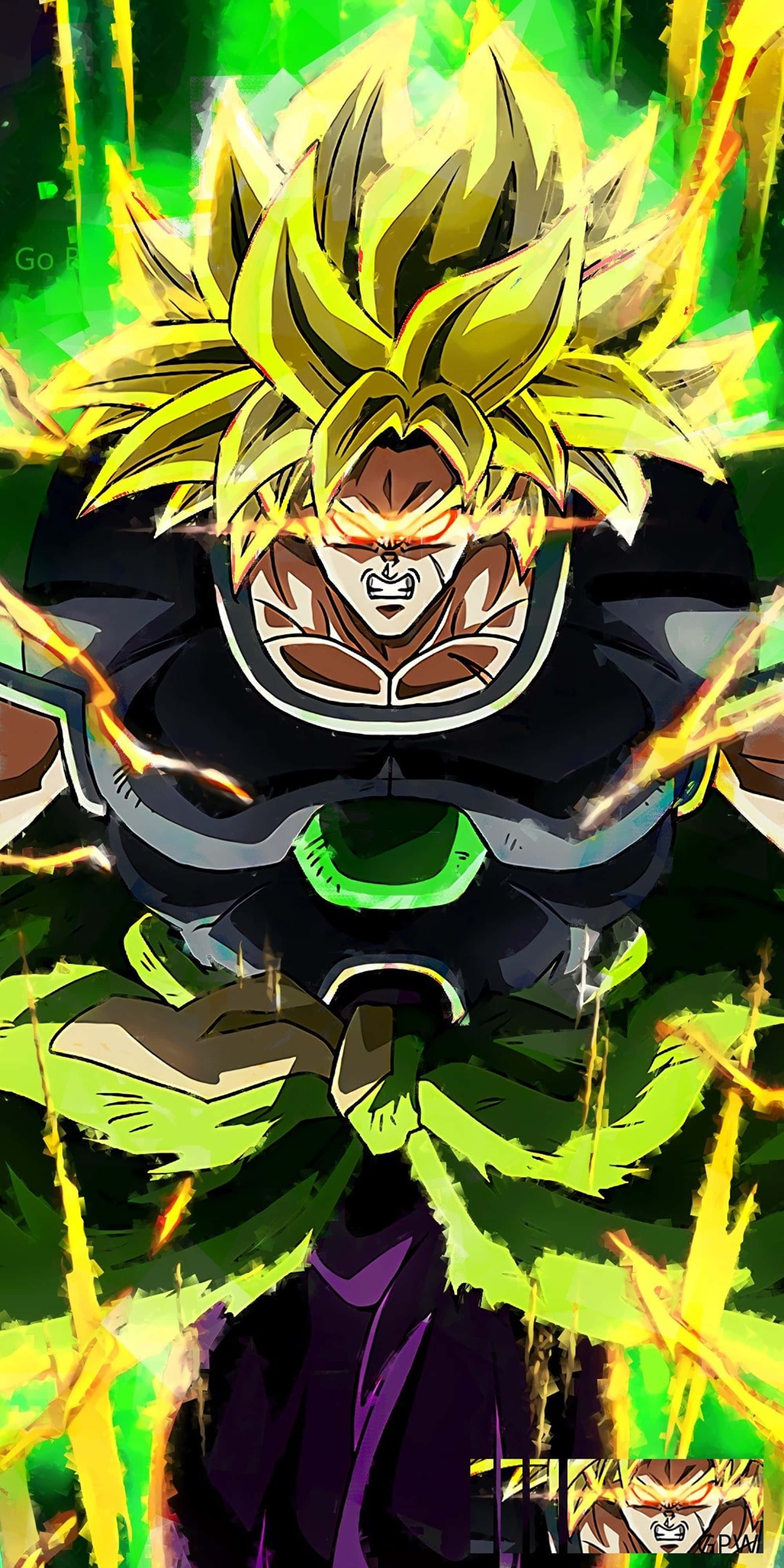 Broly 4K 桌布 壁紙 — 一個強大的動漫角色，擁有尖刺的金色頭髮和發光的眼睛，在充滿活力的綠色和黃色背景下散發能量。