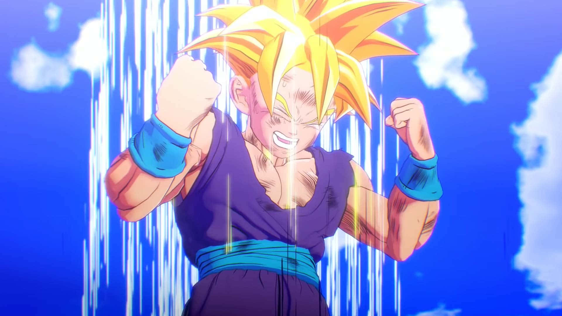 Dragon Ball Z Trunks 桌布 壁紙 — 一個強大的動漫角色，擁有尖刺的金色頭髮，在藍天白雲下展示肌肉。
