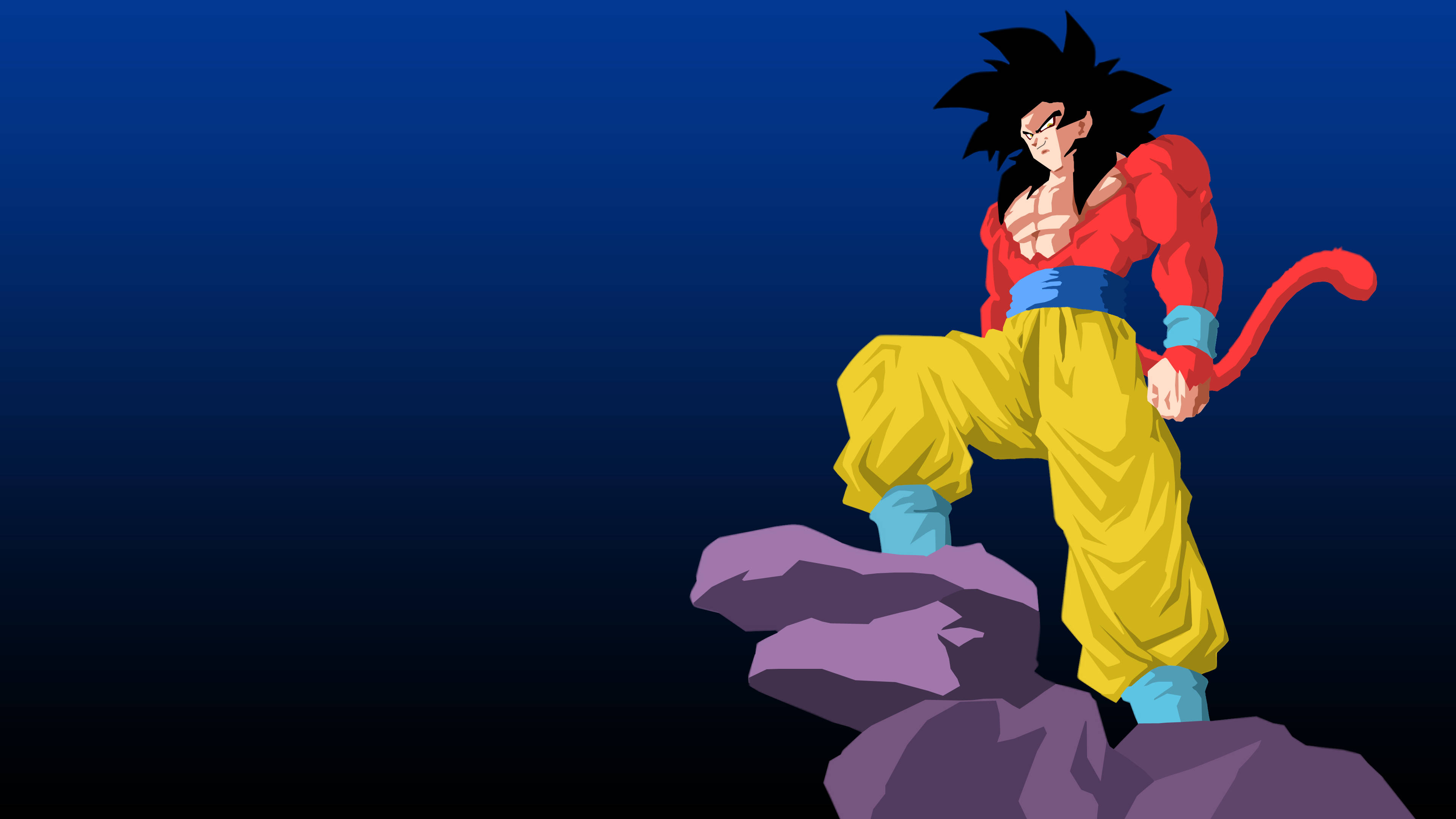 Dbz 桌布 壁紙 — 一個強大的動漫角色，擁有尖刺的黑髮和紅色光環，自信地站在紫色岩石上，背景是深藍色漸變。