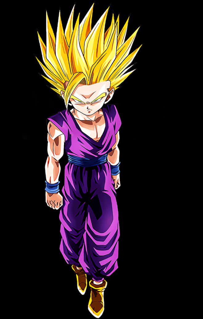 Anime Character 桌布 壁紙 — 一個強大的動漫角色，擁有尖刺金色頭髮和紫色道服，站在黑色背景前。