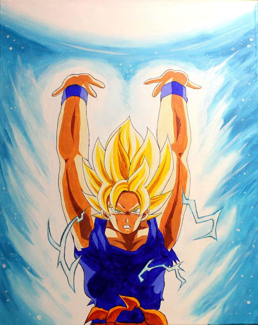 Goku's Spirit Bomb Sword 桌布 壁紙 — 一個強大的動漫角色，擁有尖刺金色頭髮和藍色服裝，在旋轉的藍色能量背景中舉起雙臂。