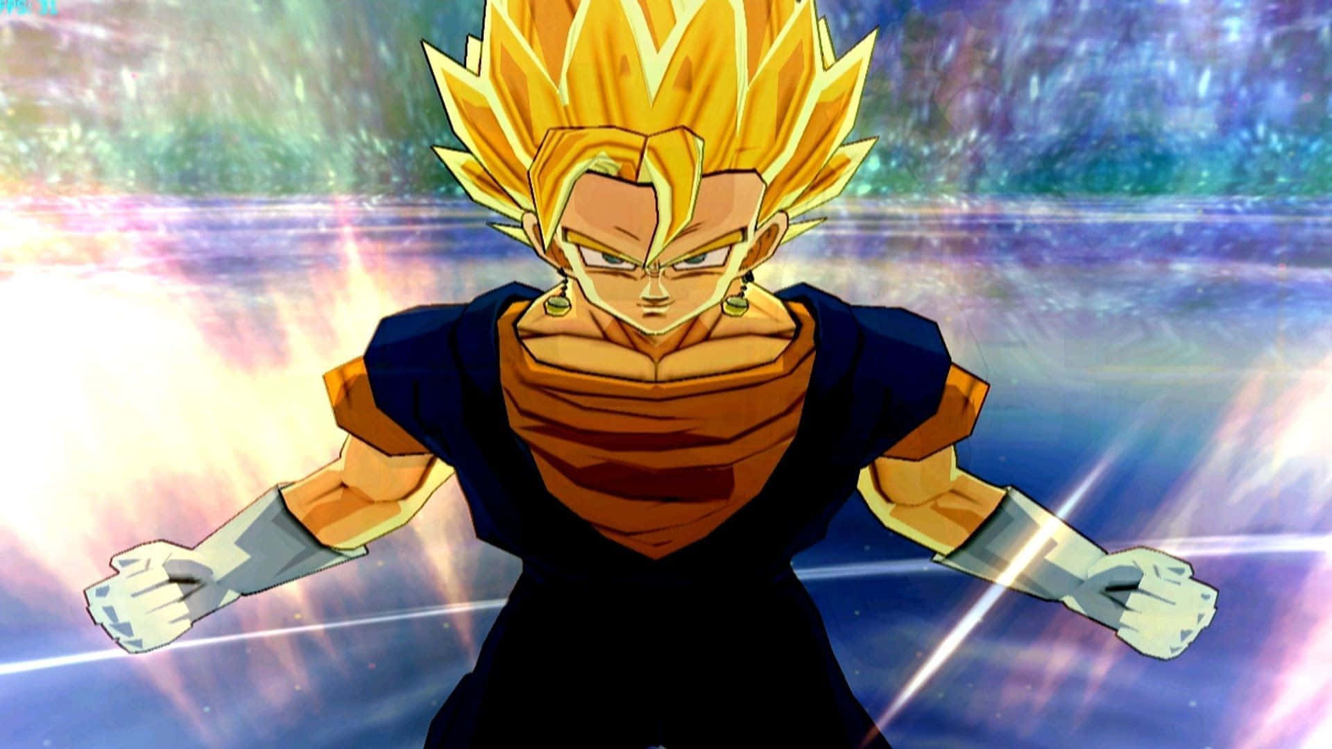Gogeta And Vegito 桌布 壁紙 — 一個強大的動漫角色，擁有尖刺金色頭髮和橙色盔甲，在宇宙能量背景下擺出動態戰鬥姿勢。