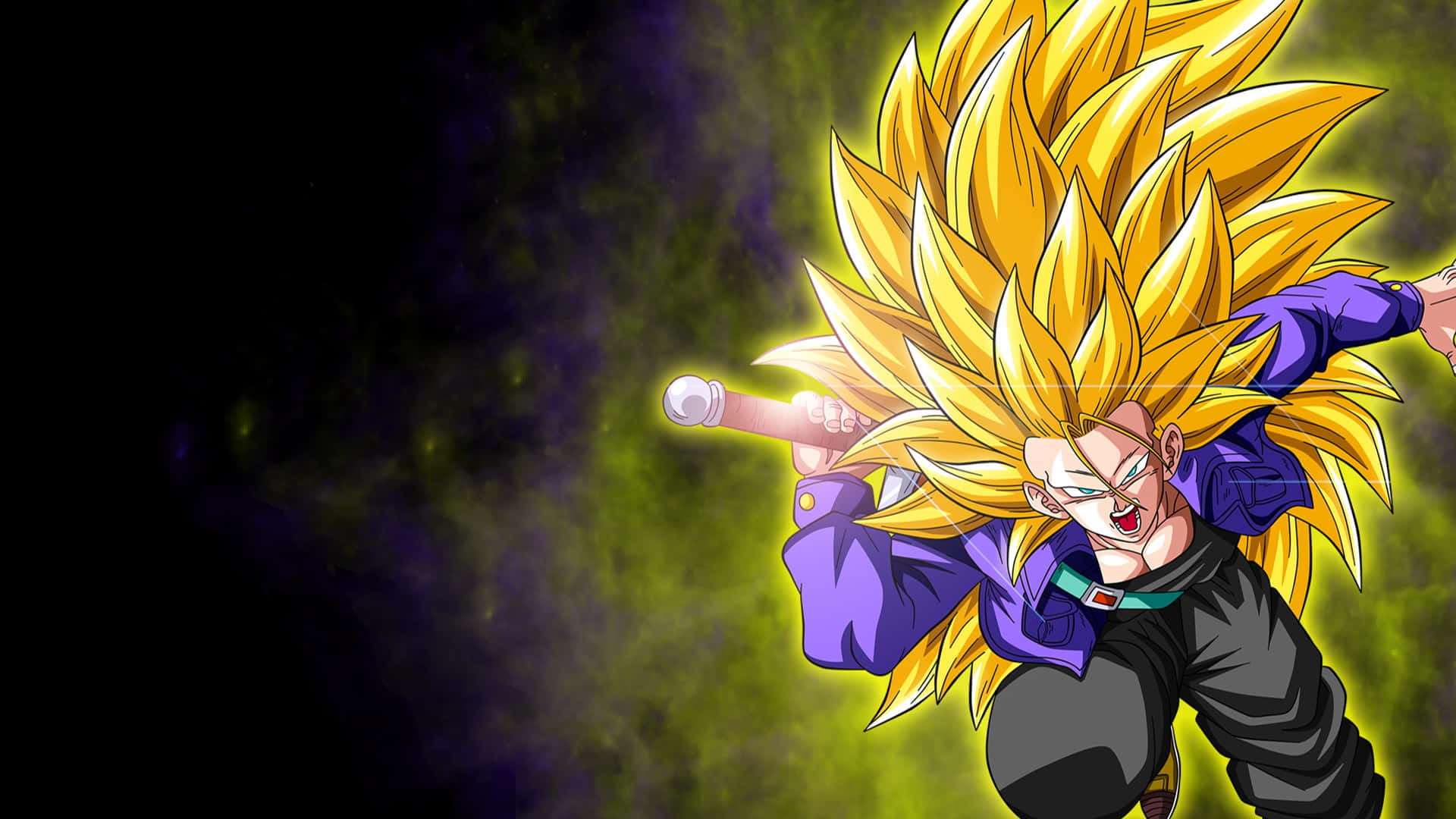 Dragon Ball Z Trunks 桌布 壁紙 — 一個強大的動漫角色，擁有尖刺金色頭髮和紫色服裝，在深綠色和黑色的宇宙背景中釋放能量。