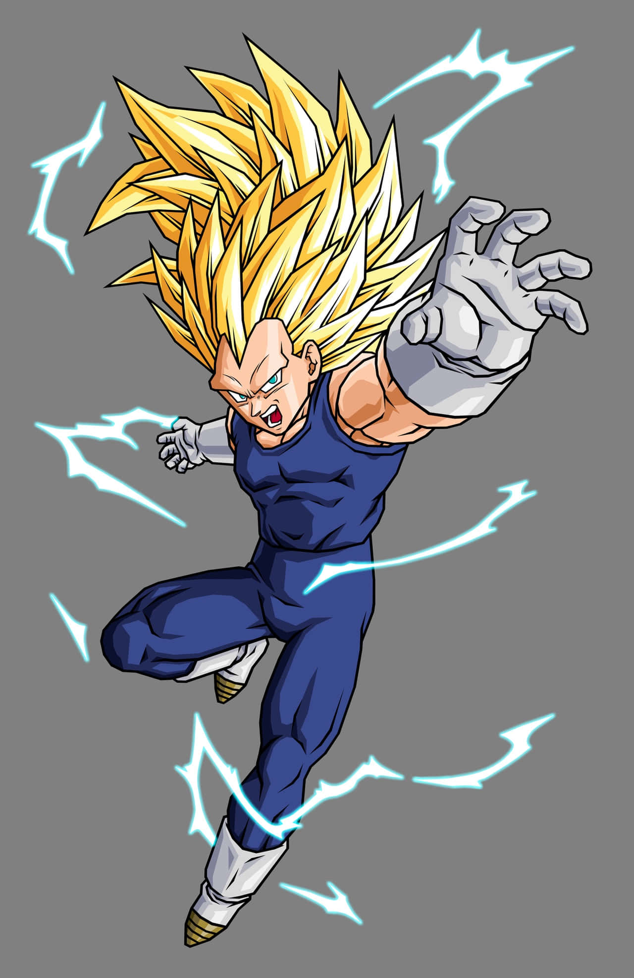 Vegeta Super Saiyan 3 桌布 壁紙 — 一個強大的動漫角色，擁有尖刺金髮和藍色服裝，在灰色背景前以動態姿勢釋放電能。