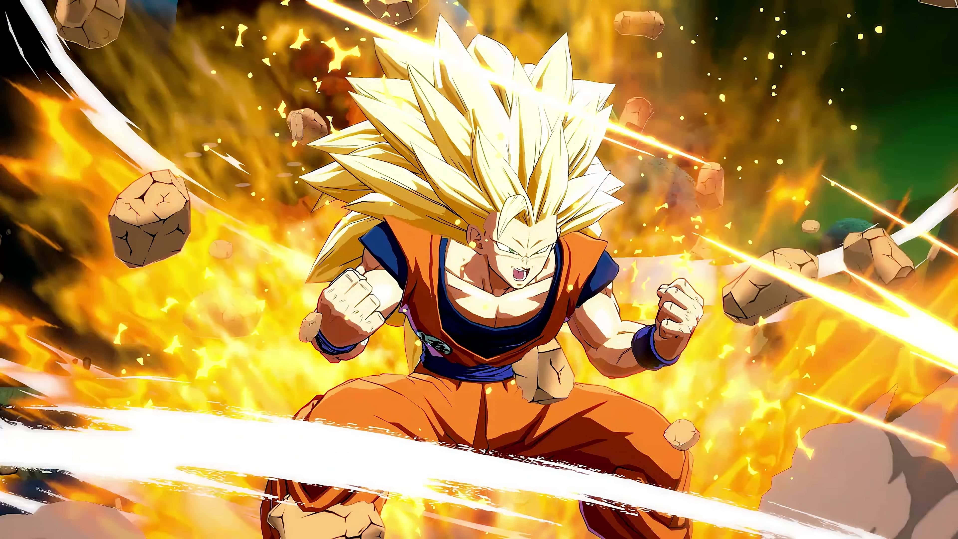 Dragon Ball Fighterz 桌布 壁紙 — 一個強大的動漫角色，擁有尖刺金髮和橙色道服，釋放出被飛石和發光條紋包圍的火焰能量爆炸。