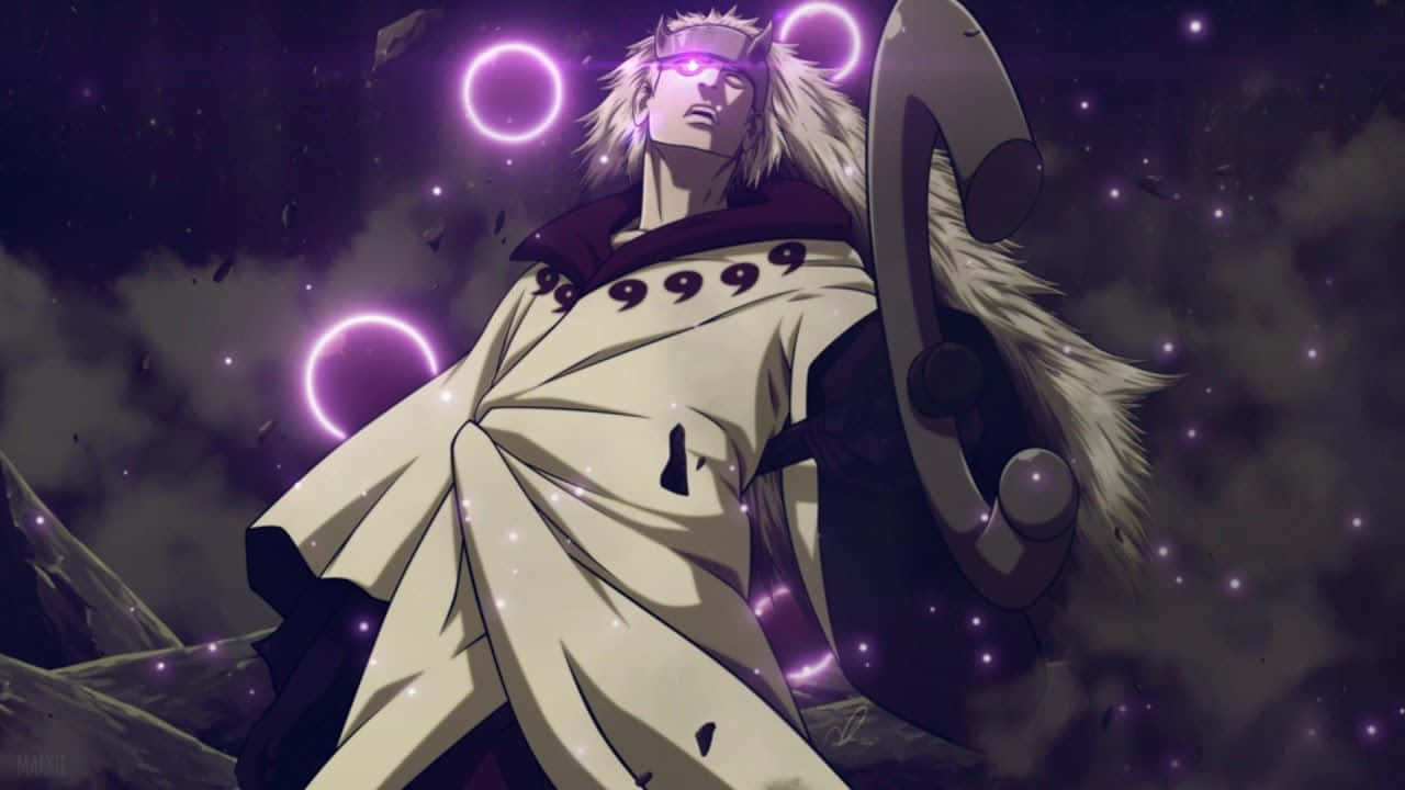 Madara Cool 桌布 壁紙 — 一個強大的動漫角色，擁有發光的紫色眼睛和戒指，站在繁星點點的夜空下，周圍環繞著宇宙能量。