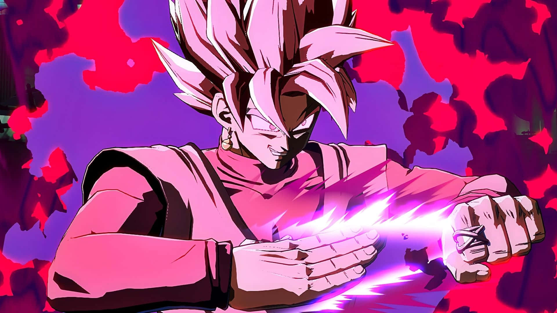 Dragon Ball Fighterz 桌布 壁紙 — 一個強大的動漫角色，有著尖刺的粉紅色頭髮，在火紅和紫色的背景下，於緊握的拳頭之間引導發光的紫色能量。