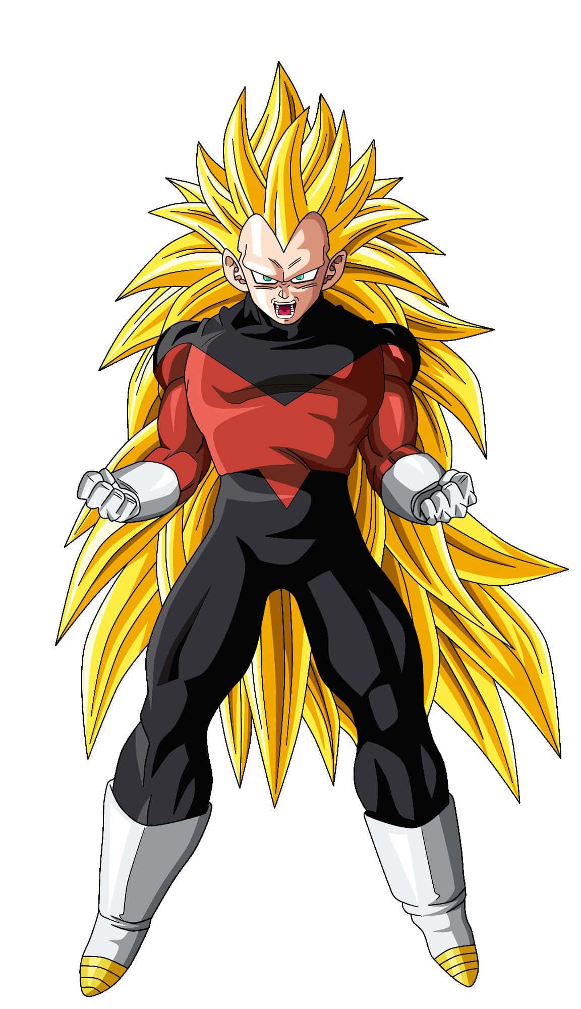 Vegeta Super Saiyan 3 桌布 壁紙 — 一個強大的動漫角色，有著尖刺的金色頭髮和紅黑服裝，以兇猛的戰鬥姿態站立。