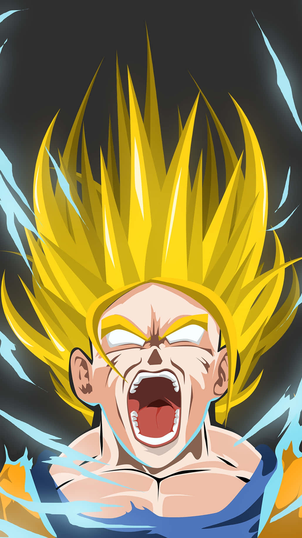 Saiyan 桌布 壁紙 — 一個強大的動漫角色，有著尖刺的金色頭髮，在帶有藍色能量條紋的黑暗背景下猛烈咆哮。