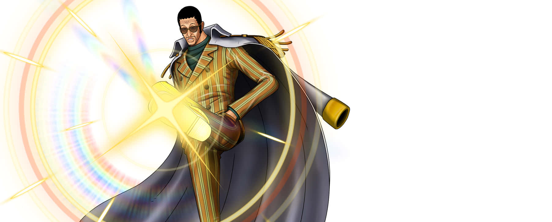 Kizaru 桌布 壁紙 — 一個強大的動漫角色，身穿條紋西裝和披風，在明亮的白色背景上釋放出耀眼的金色能量衝擊波。