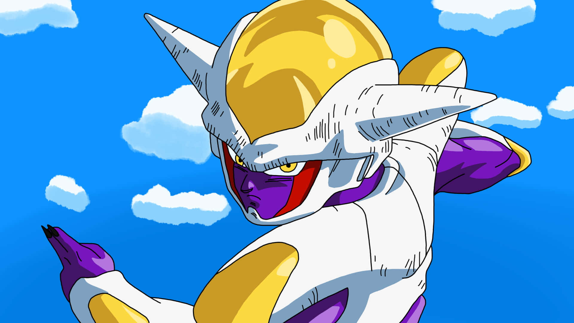 Dragon Ball Xenoverse 桌布 壁紙 — 一個強大的動漫角色，身穿白色、紫色和金色的盔甲，站在藍天白雲下。