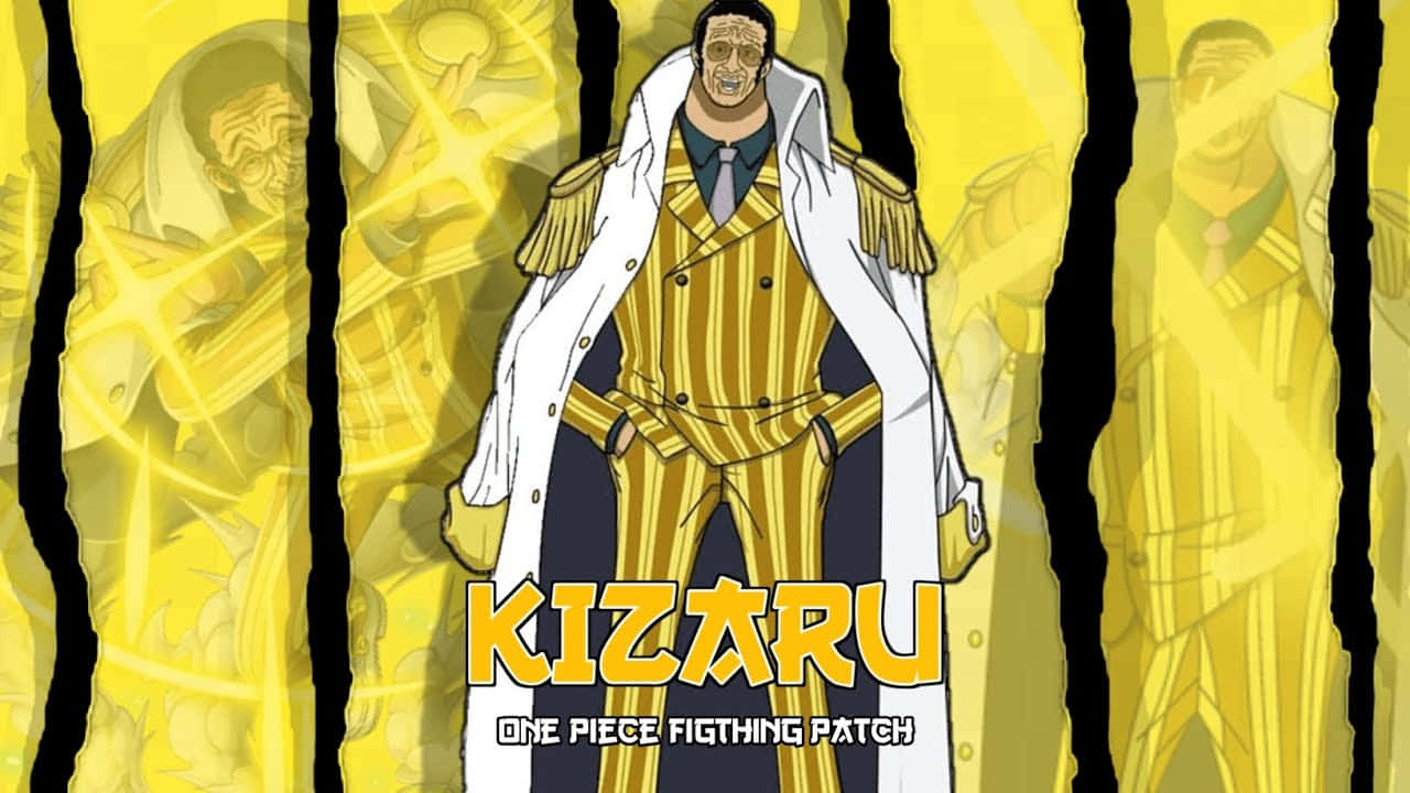 Kizaru 桌布 壁紙 — 一個強大的動漫角色，身穿金色條紋西裝和白色外套，自信地站在帶有黑色垂直條紋的發光黃色背景前。
