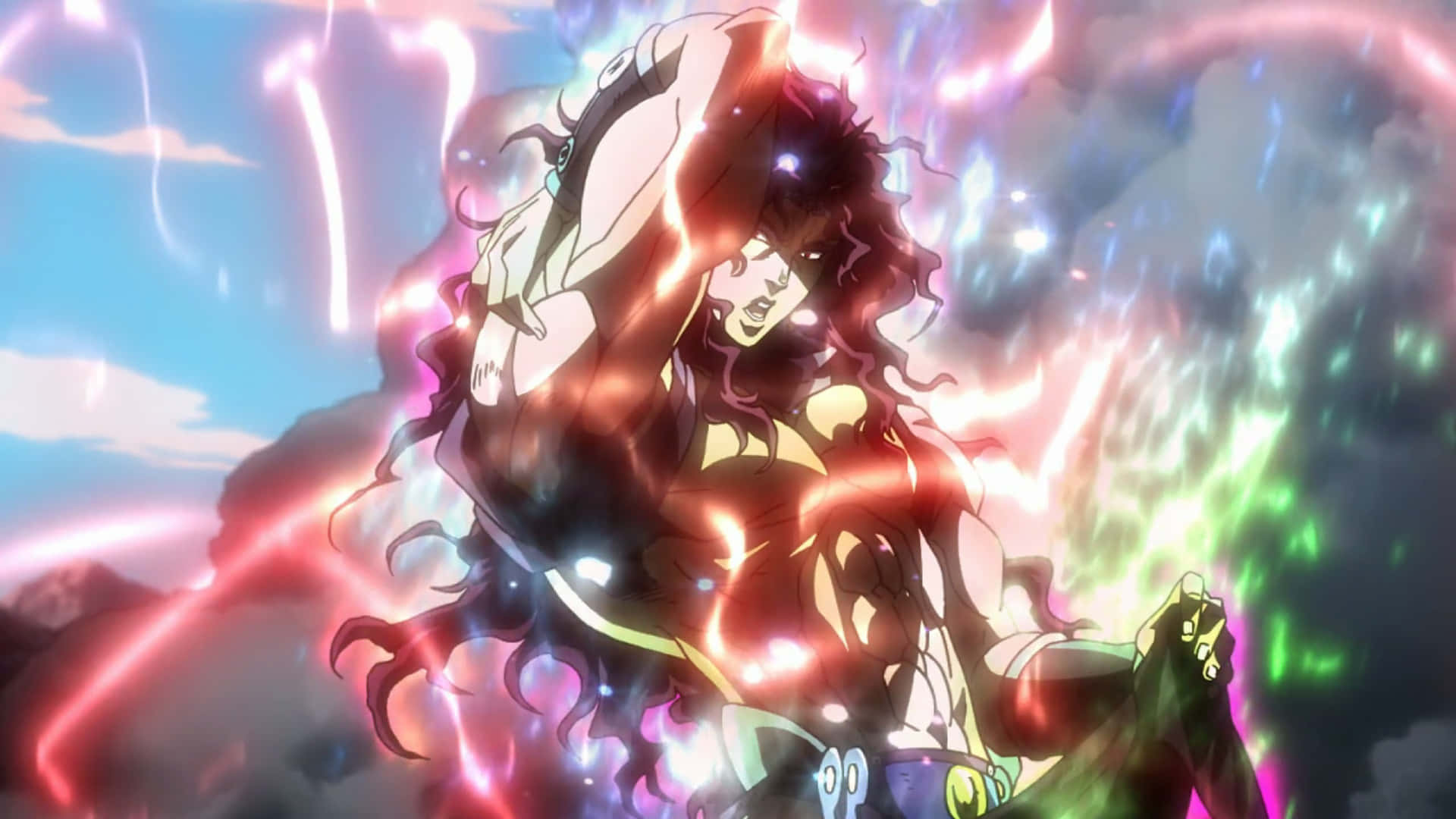 Jojo's Bizarre Adventure Kars 桌布 壁紙 — 一個強大的動漫角色在暴風雨的天空背景下釋放出發光的紅色和綠色能量攻擊。
