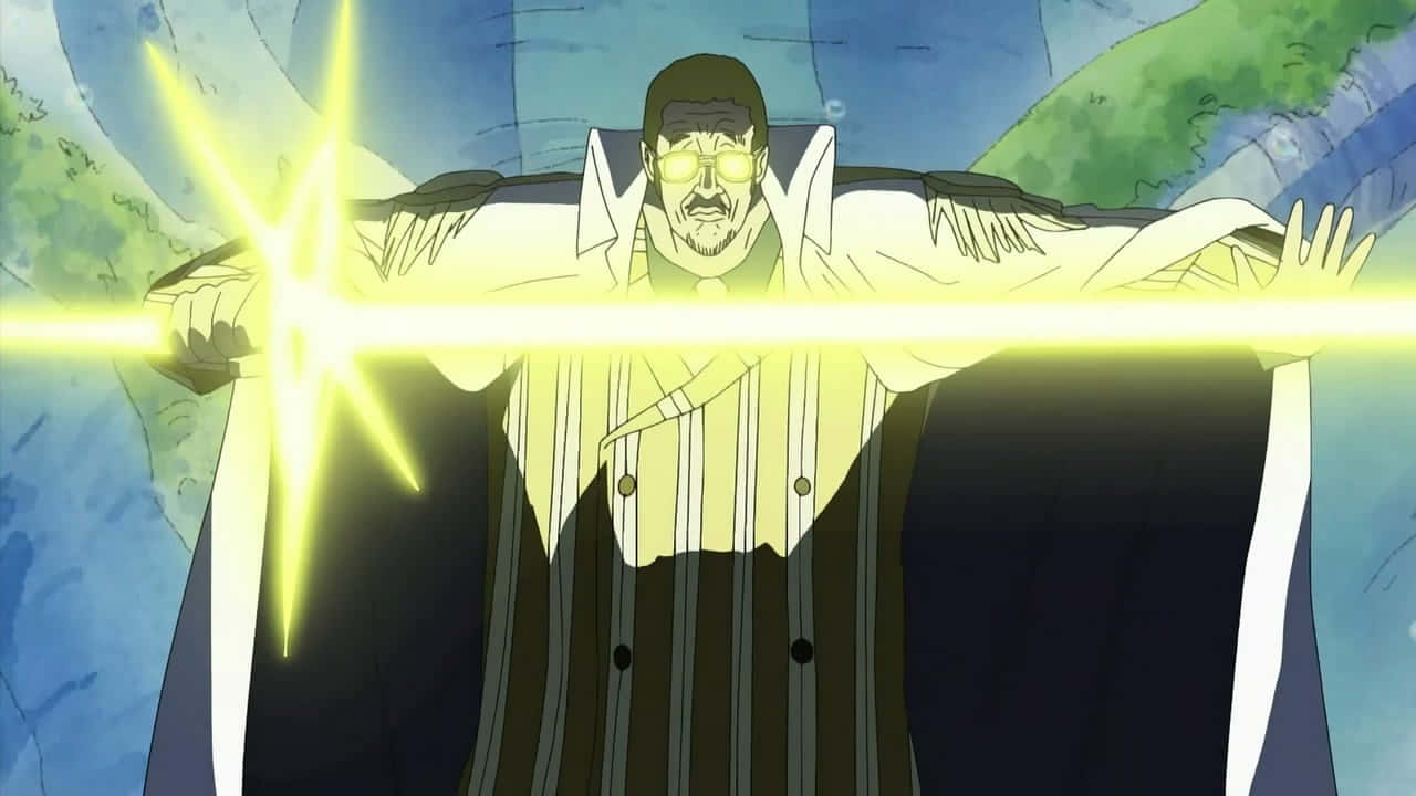 Kizaru 桌布 壁紙 — 一個強大的動漫角色穿著白色外套，在藍色和綠色背景前，胸前發出一道明亮的黃色能量光束。