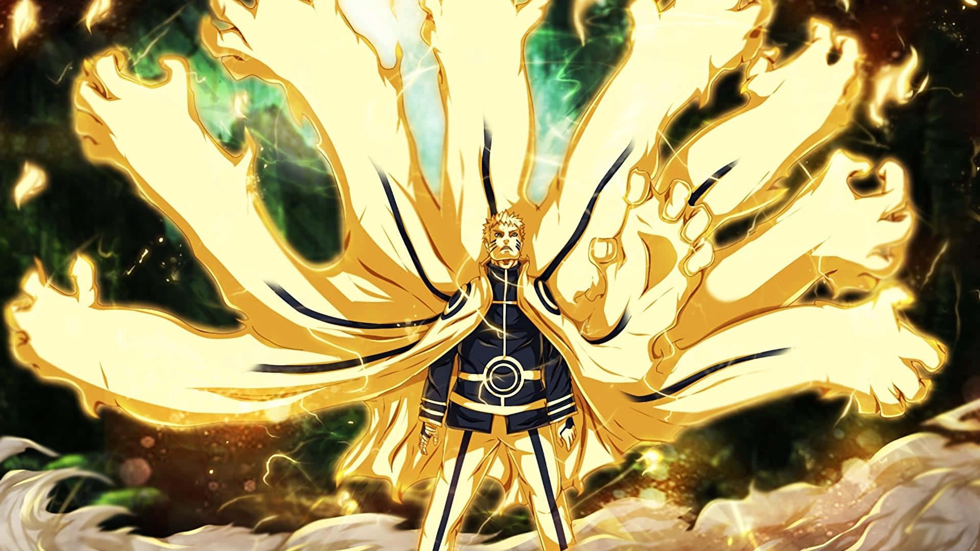 Naruto Sage Mode 桌布 壁紙 — 一個強大的動漫角色站著，九條金色尾巴在他身後燃燒，背景是黑暗旋轉的。