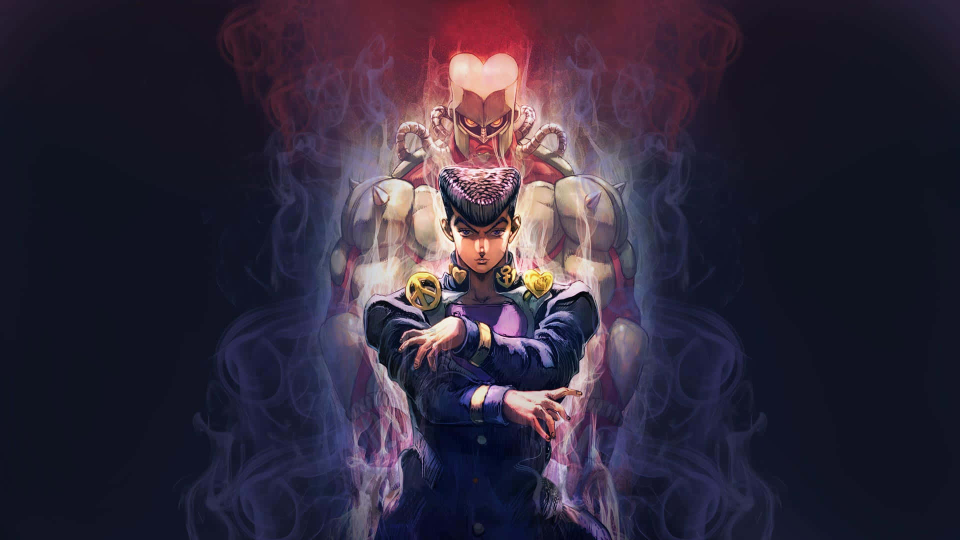 Jojo 桌布 壁紙 — 一個強大的動漫角色自信地交叉雙臂站立，發光的紅色和紫色光環在黑暗背景中環繞著他。