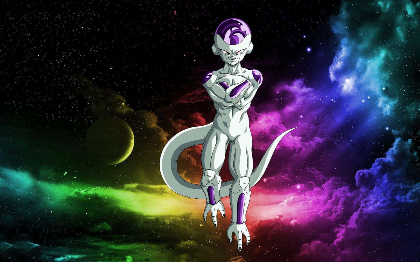 龍珠 桌布 壁紙 — 一個強大的動漫角色自信地站在充滿活力的宇宙背景前，背景是旋轉的星雲和遙遠的行星。