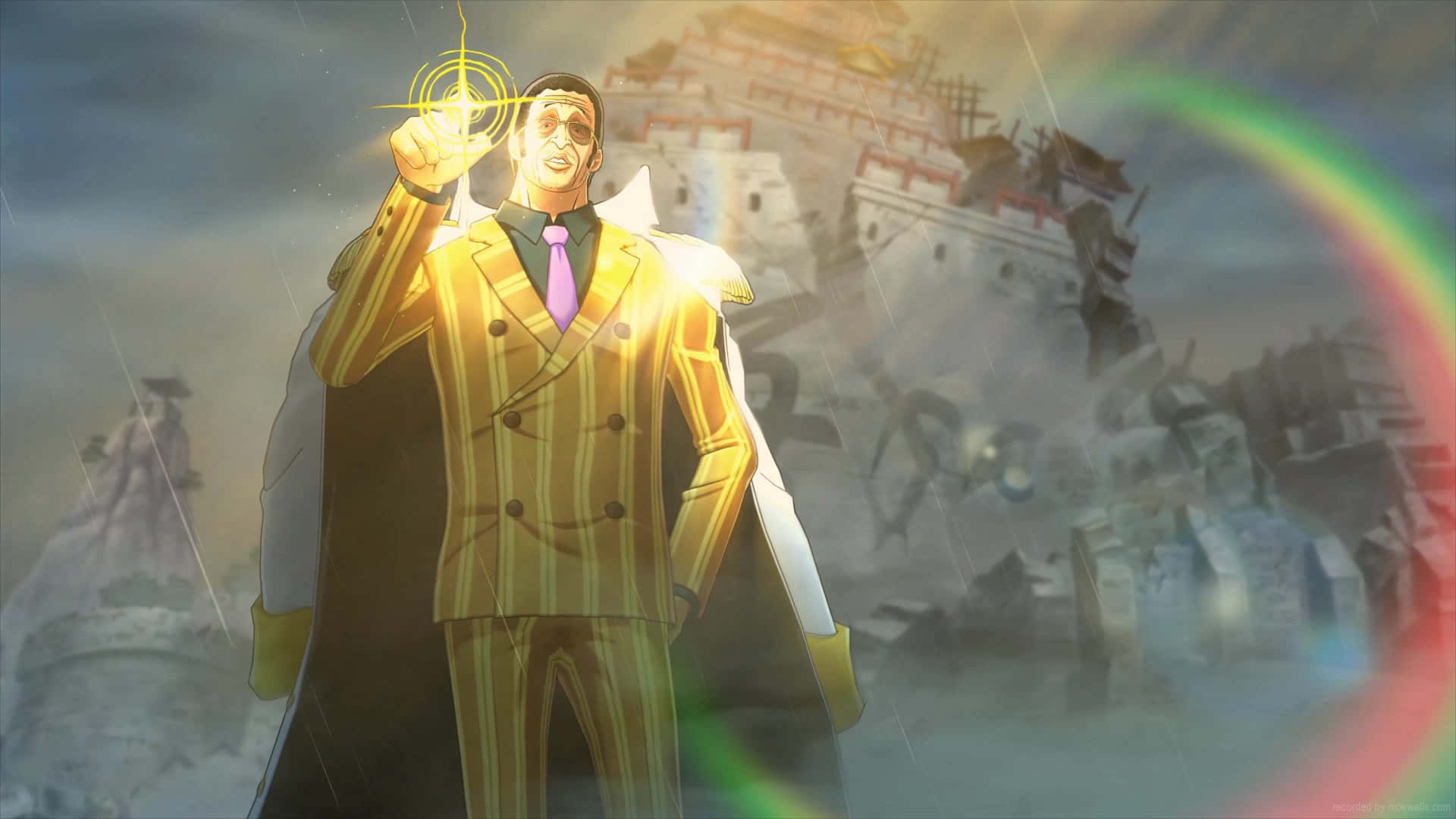 Kizaru 桌布 壁紙 — 一個強大的動漫角色身穿金色西裝，在廢墟中挑釁地站立，在彩虹下拿著發光的指南針。