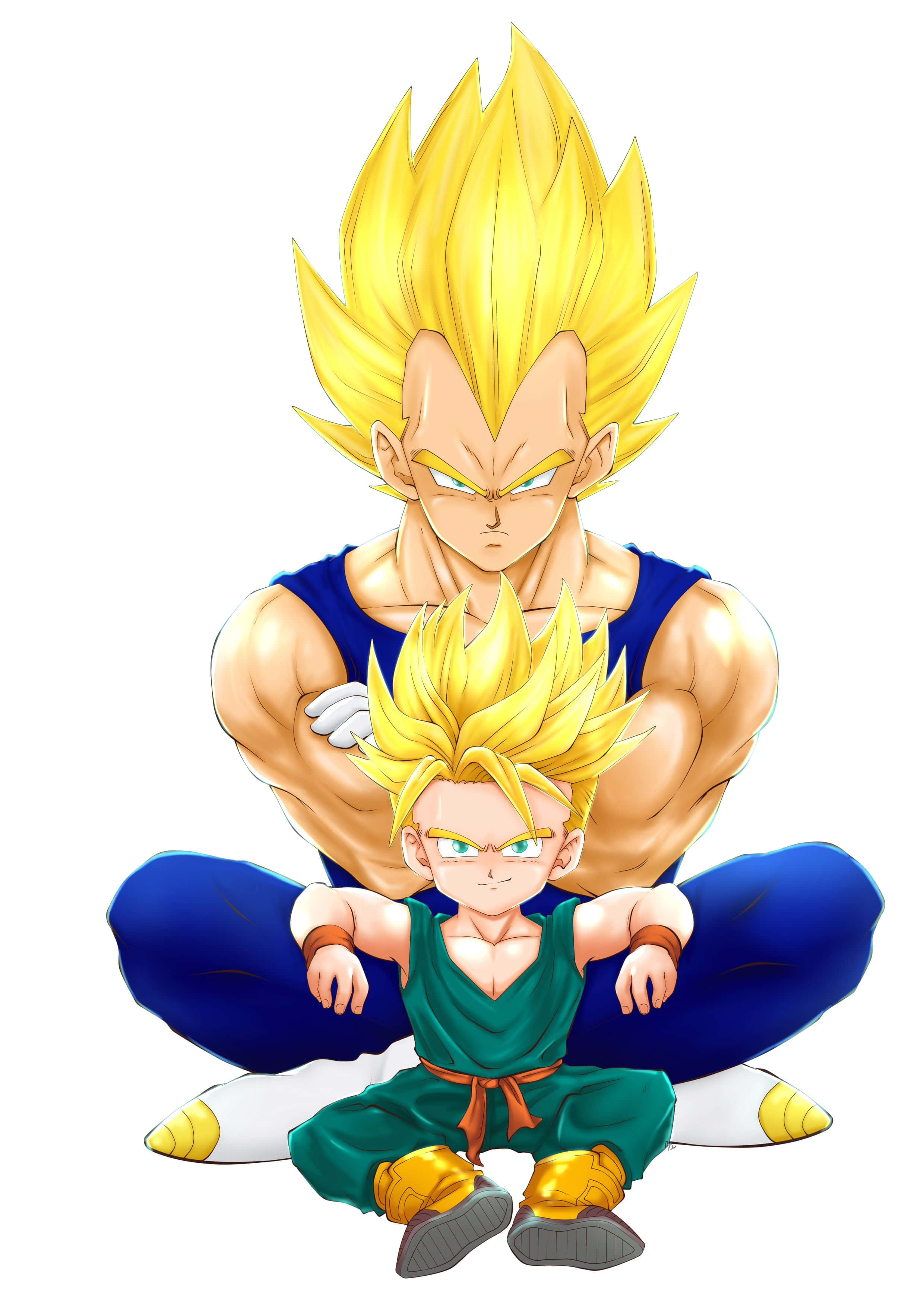 Vegeta And Trunks 桌布 壁紙 — 一個強大的成年和兒童賽亞人戰士以超級賽亞人形態盤腿而坐，表情強烈。