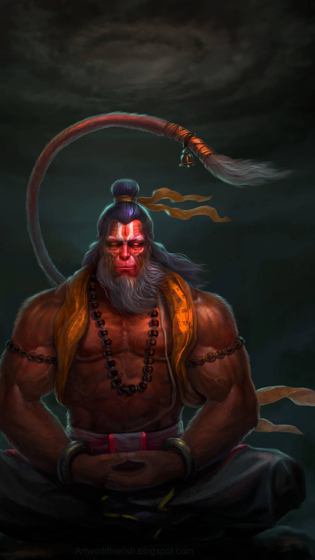 hanuman art 桌布 壁紙 — 一個強大的猴神，紅臉長尾，在黑暗暴風雨的天空下冥想而坐。
