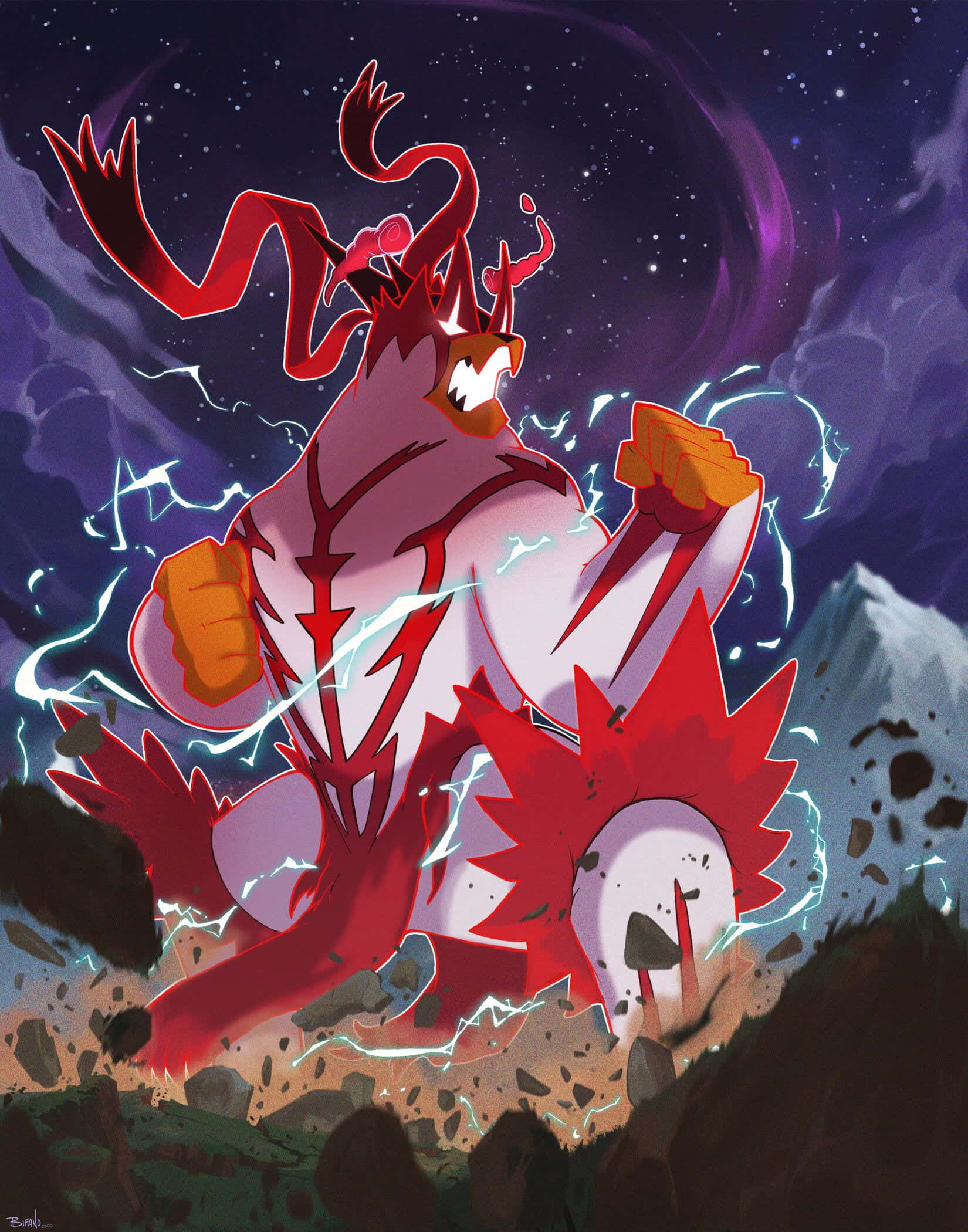 Pokémon 手機 桌布 壁紙 — 一個強大的紅白動漫生物在閃電和破碎的岩石中咆哮，背景是繁星點點的紫色天空。