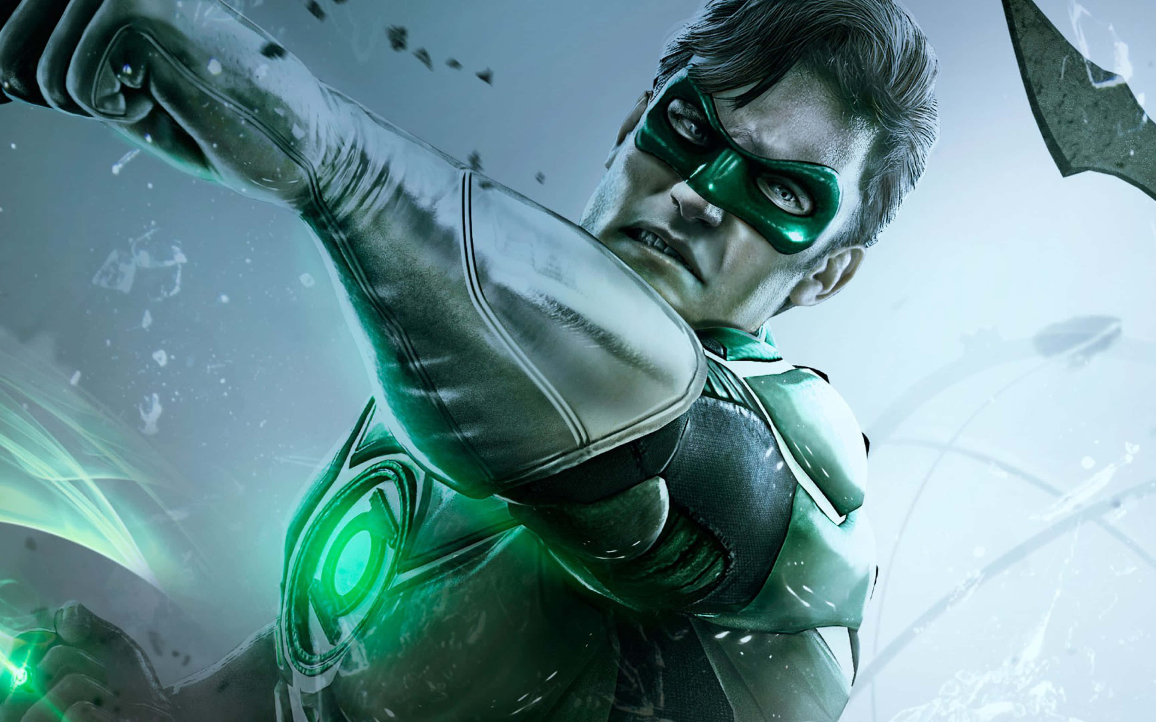 Green Lantern 桌布 壁紙 — 一個強大的綠燈俠超級英雄，以動態姿勢展現，周圍環繞著發光的綠色能量和破碎的碎片。