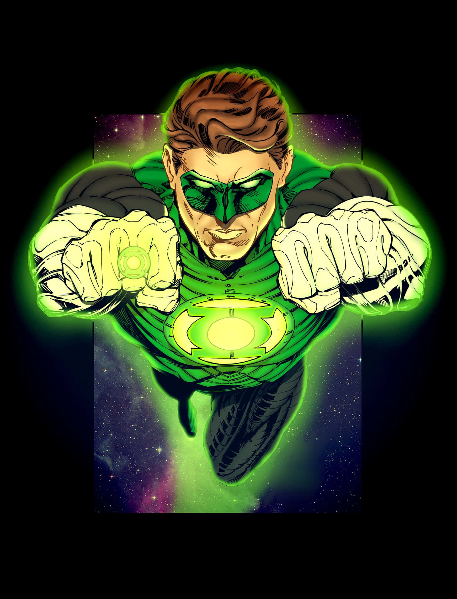 Blackest Night 桌布 壁紙 — 一個強大的綠色燈籠超級英雄在宇宙星空背景下向前飛行，拳頭發光。