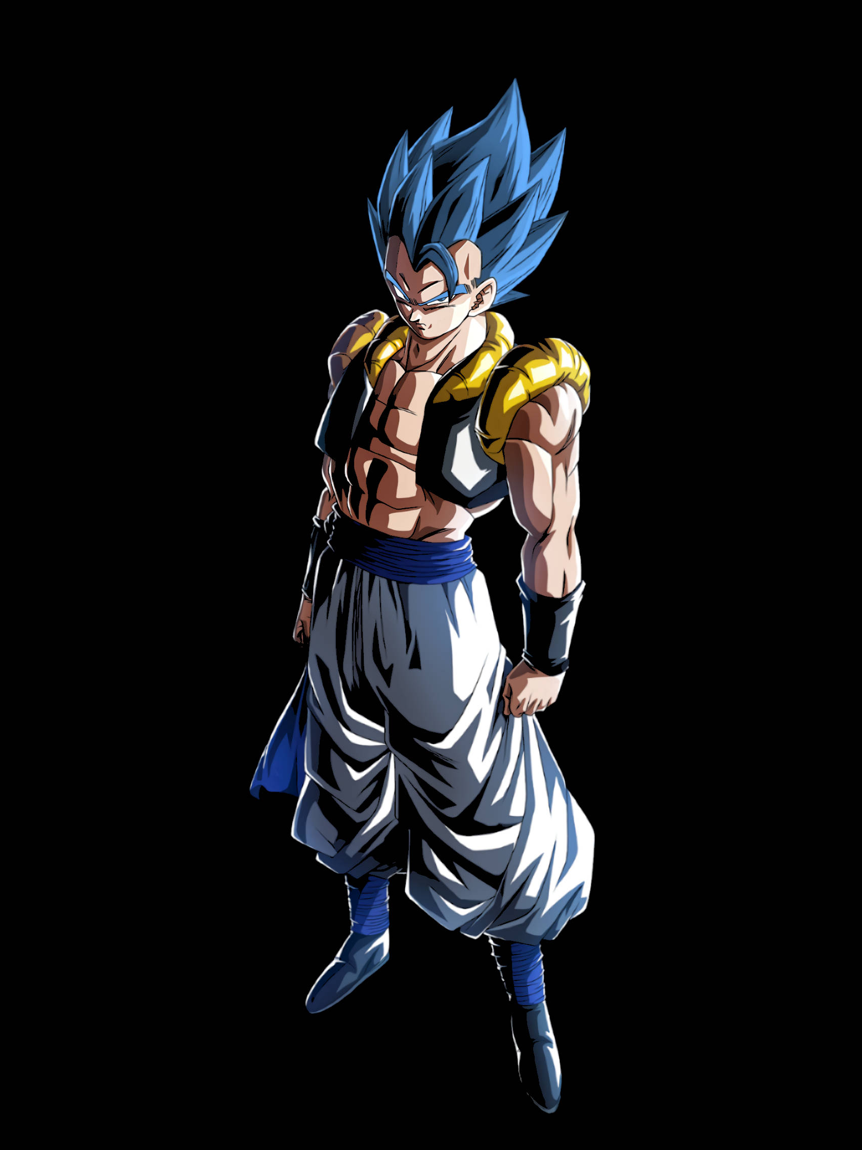 悟吉塔 藍 桌布 壁紙 — 一個強大的藍髮動漫戰士，身穿白色和金色盔甲，自信地站在黑色背景前。