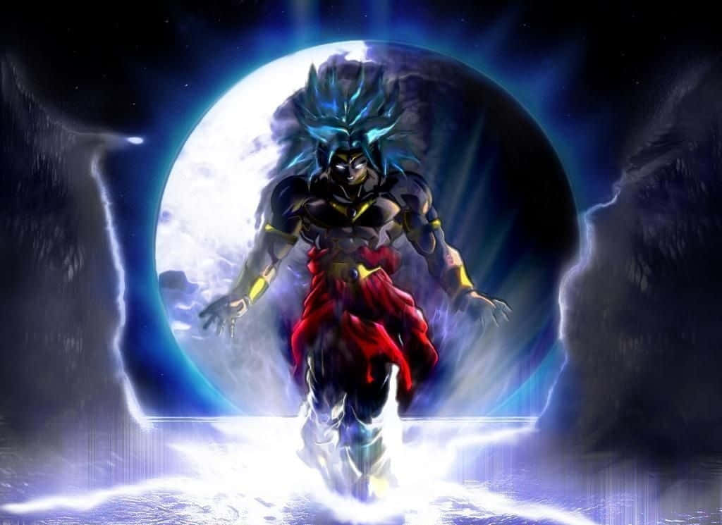 Gambar 桌布 壁紙 — 一個強大的藍髮動漫戰士站在發光的月亮前，閃電在他周圍劈啪作響。