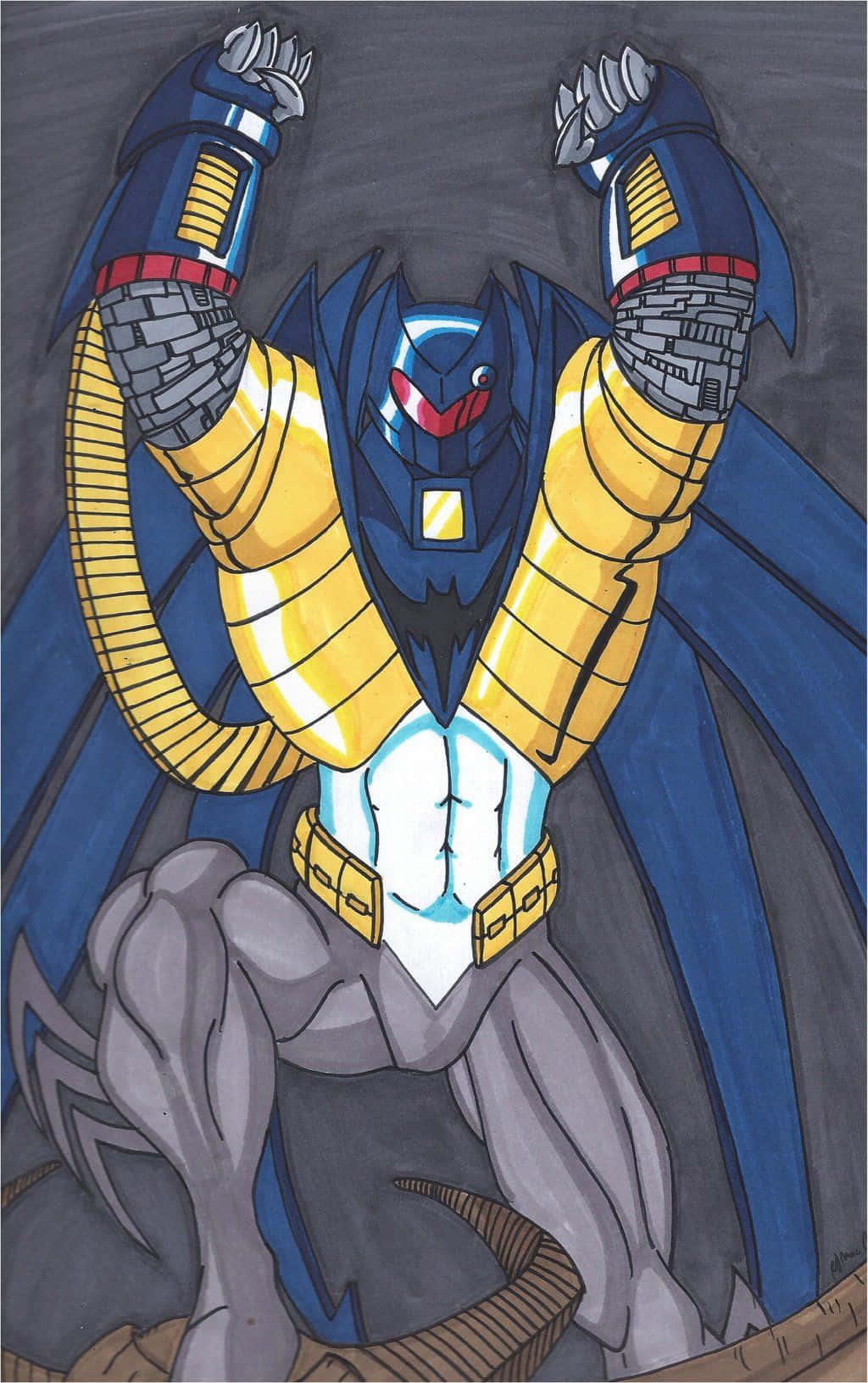 Batman Knightfall 桌布 壁紙 — 一個強大的藍黃色裝甲機器人，擁有蝙蝠般的翅膀和舉起的拳頭，以英雄姿態站在深灰色背景前。