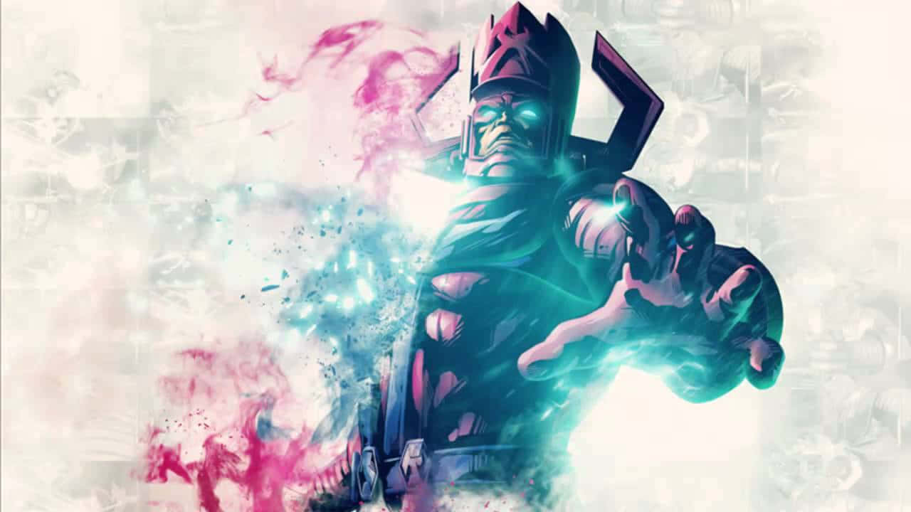 Galactus 桌布 壁紙 — 一個強大的裝甲戰士，眼睛發光並釋放能量爆炸，從粉紅色和藍綠色的煙霧混亂背景中出現。
