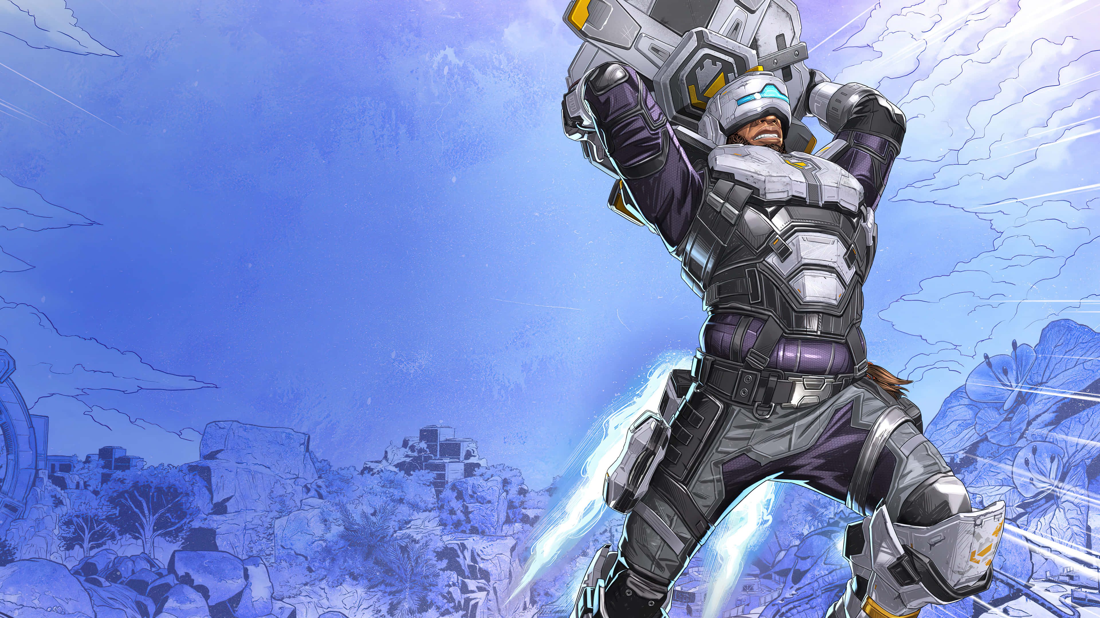 Apex Legends Characters 桌布 壁紙 — 一個強大的裝甲戰士在藍天下，岩石廢墟之上，將一把巨大的發光武器高舉過頭頂。