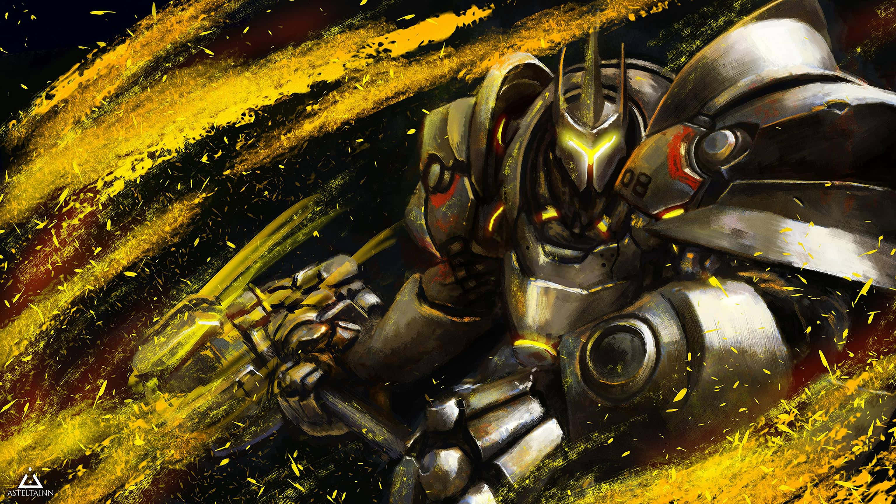 Overwatch Reinhardt 桌布 壁紙 — 一個強大的裝甲機器人，雙眼發光，在黑暗背景下穿過金色火花風暴向前衝刺。