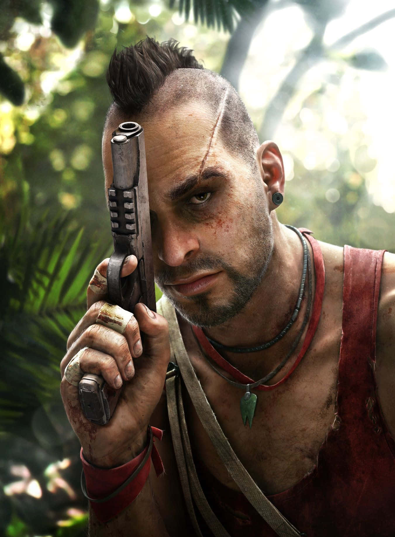 Far Cry 5 桌布 壁紙 — 一個強悍的戰士，留著莫西乾頭，滿臉血污，在陽光斑駁的叢林中手持一把手槍。