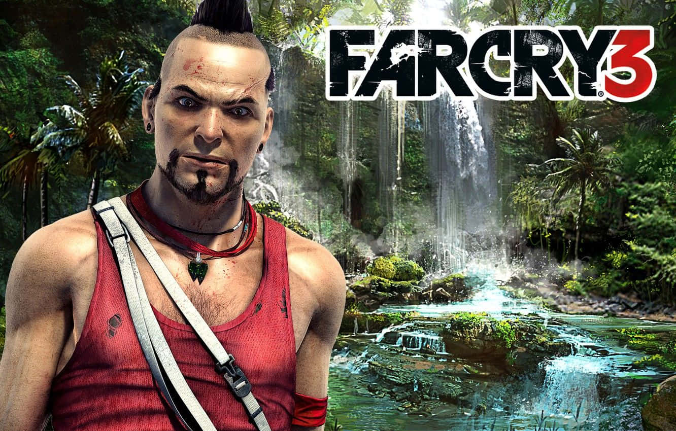 Far Cry 5 桌布 壁紙 — 一個強悍的戰士，留著莫霍克頭，穿著紅色背心，站在《Far Cry 3》中茂密的叢林瀑布前。
