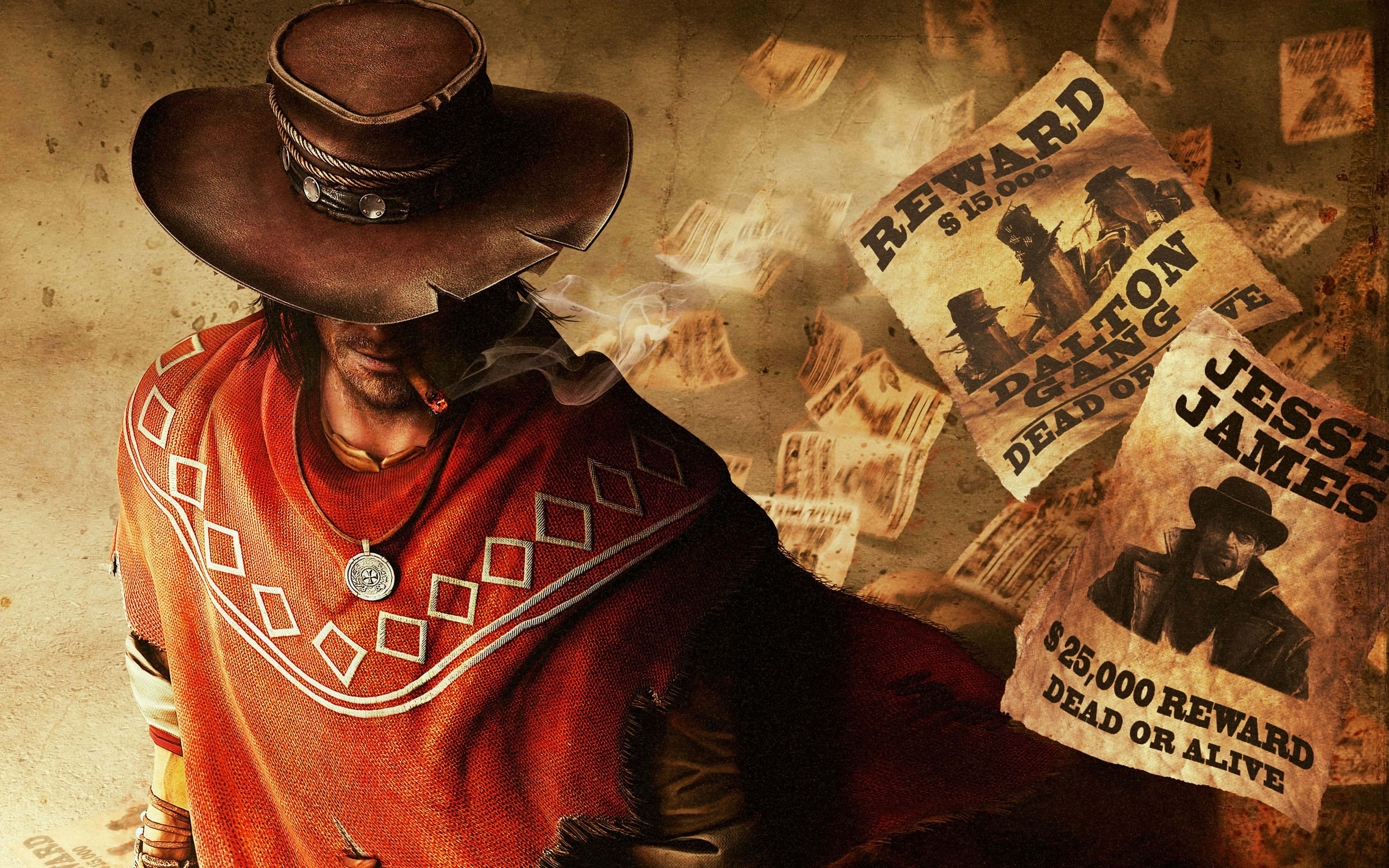 Cowboy 桌布 壁紙 — 一個強悍的牛仔，身穿紅色斗篷，頭戴棕色帽子，正在抽煙，而傑西·詹姆斯和道爾頓幫的復古通緝海報在他周圍旋轉。