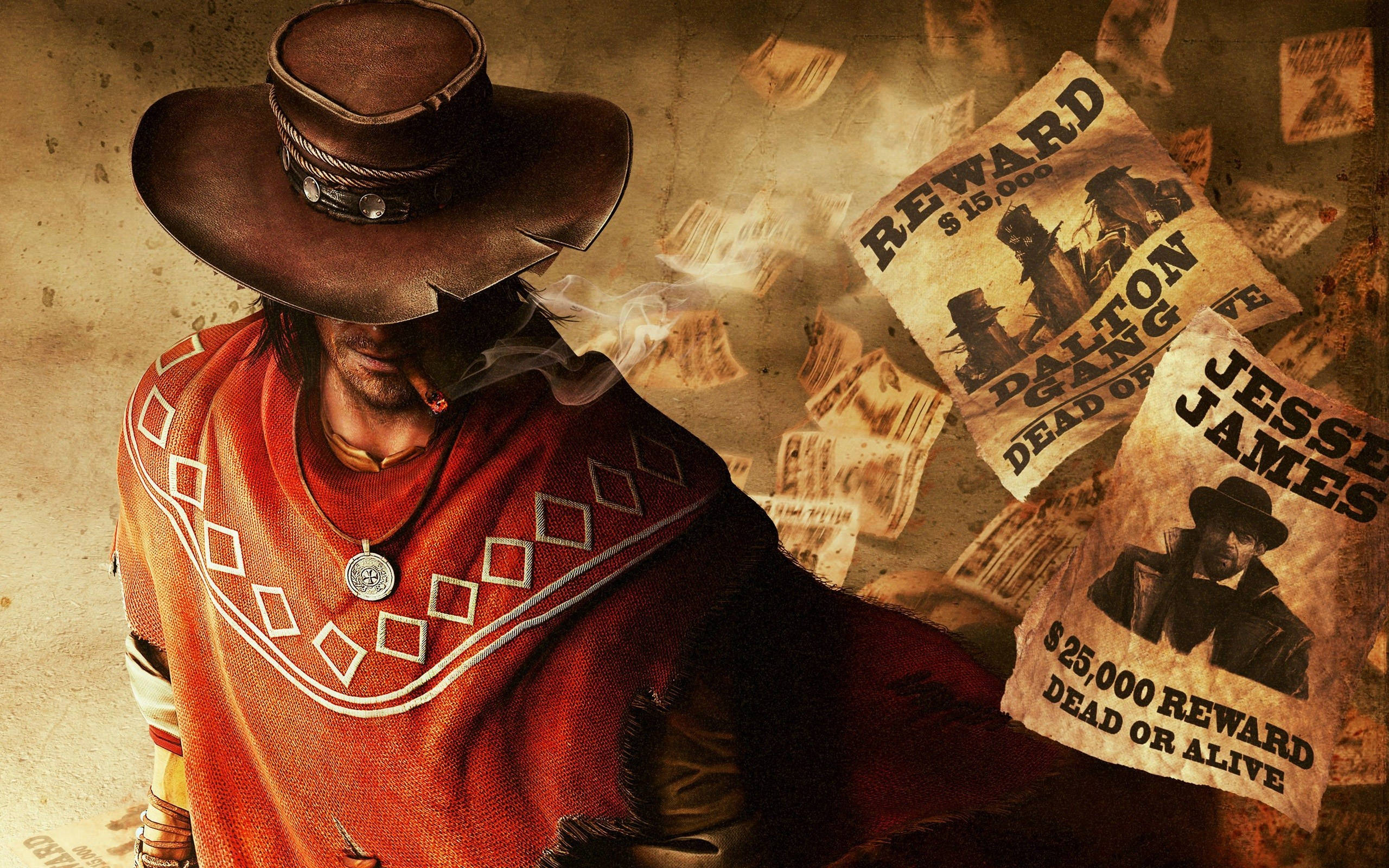 American Cowboy 桌布 壁紙 — 一個強悍的牛仔，身穿紅色斗篷，頭戴棕色帽子，抽著雪茄，周圍環繞著傑西·詹姆斯和道爾頓幫的復古通緝海報。