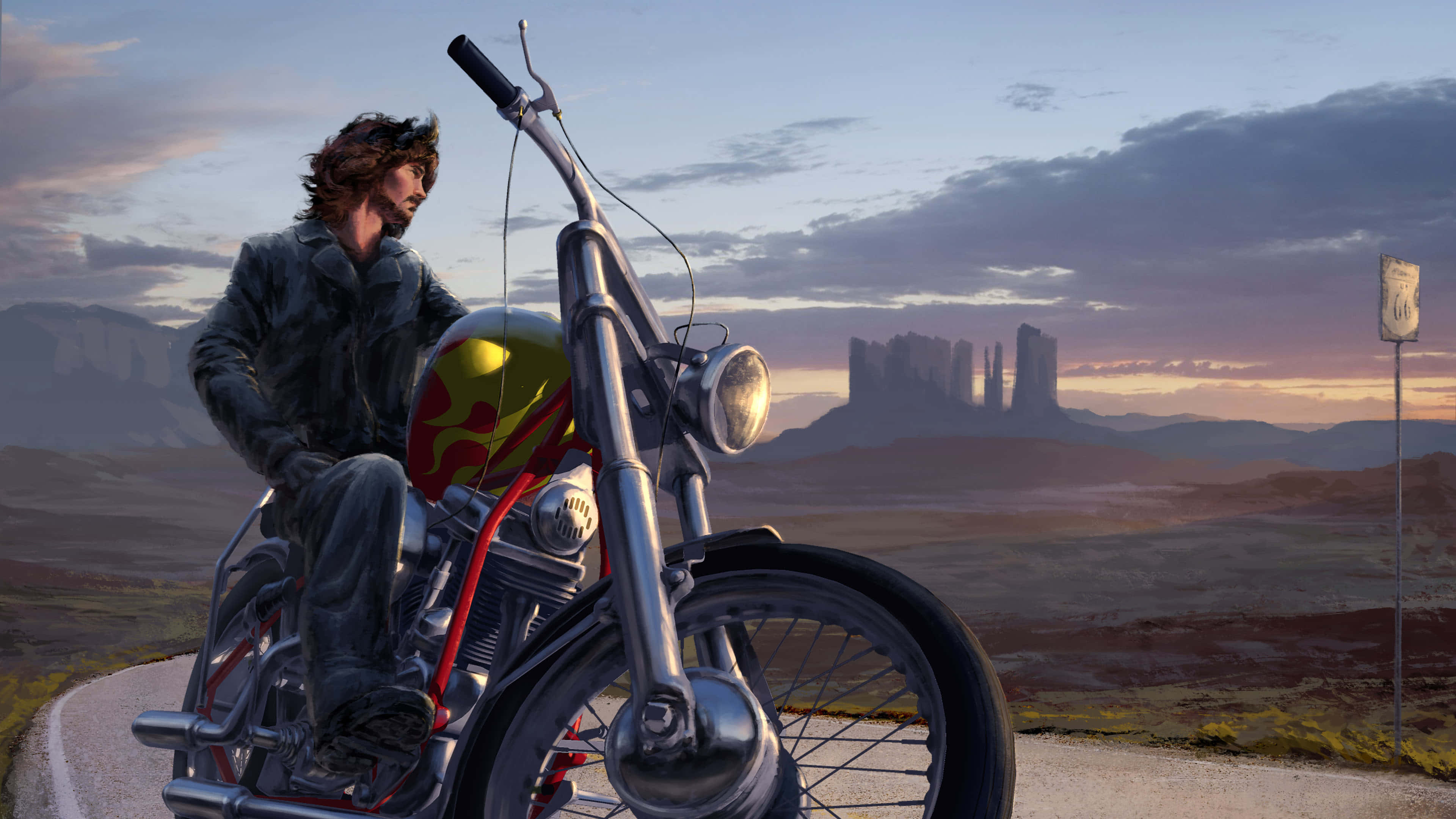 4K Bikes 桌布 壁紙 — 一個強悍的重機騎士戴著火焰頭盔，在日落時分坐在鍍鉻重機上，俯瞰沙漠中的孤峰和蜿蜒的道路。
