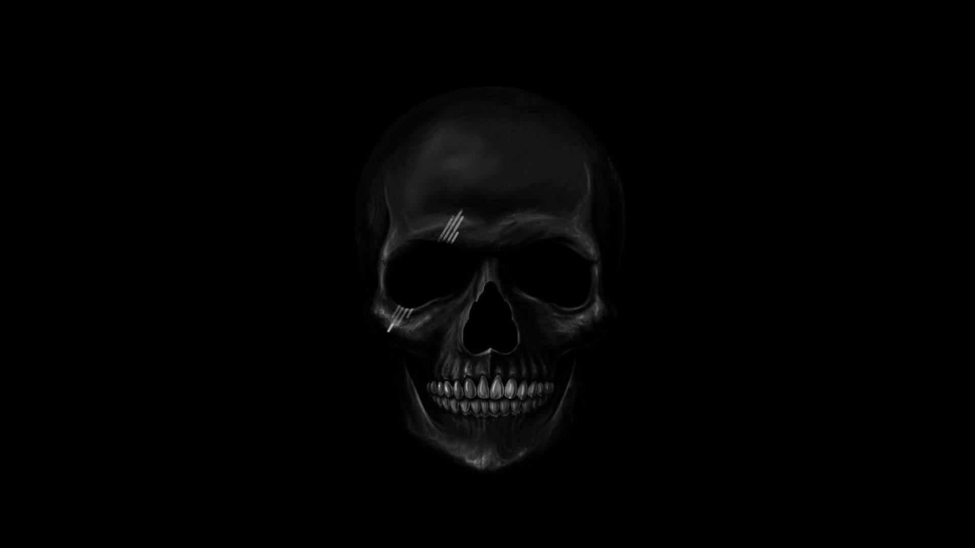 Best Dark 桌布 壁紙 — 一個強烈照明的人類頭骨，置於純黑色背景中央，牙齒和眉骨上有細微的高光。