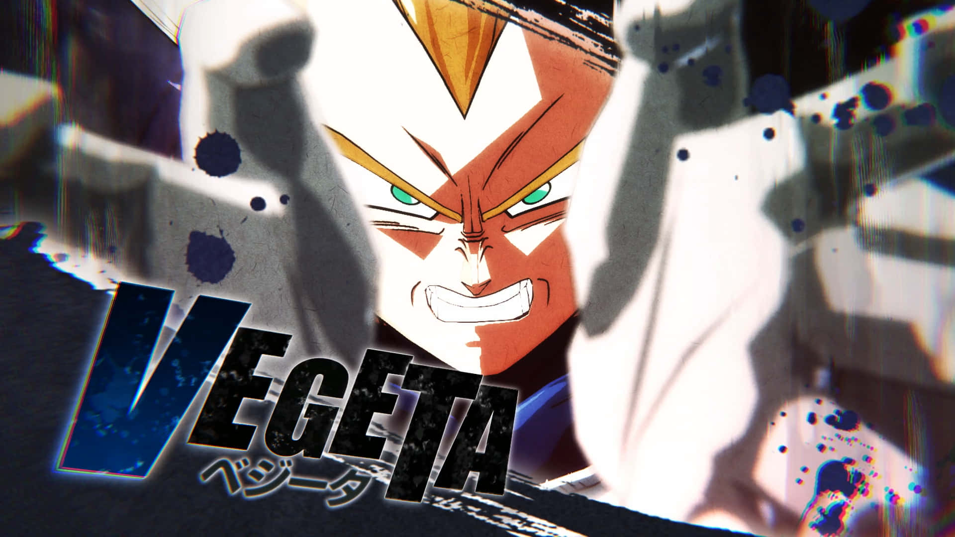 達爾 桌布 壁紙 — 一個強烈的動漫肖像，描繪達爾（Vegeta）擁有發光的綠色眼睛和兇猛的表情，背景是故障抽象風格。
