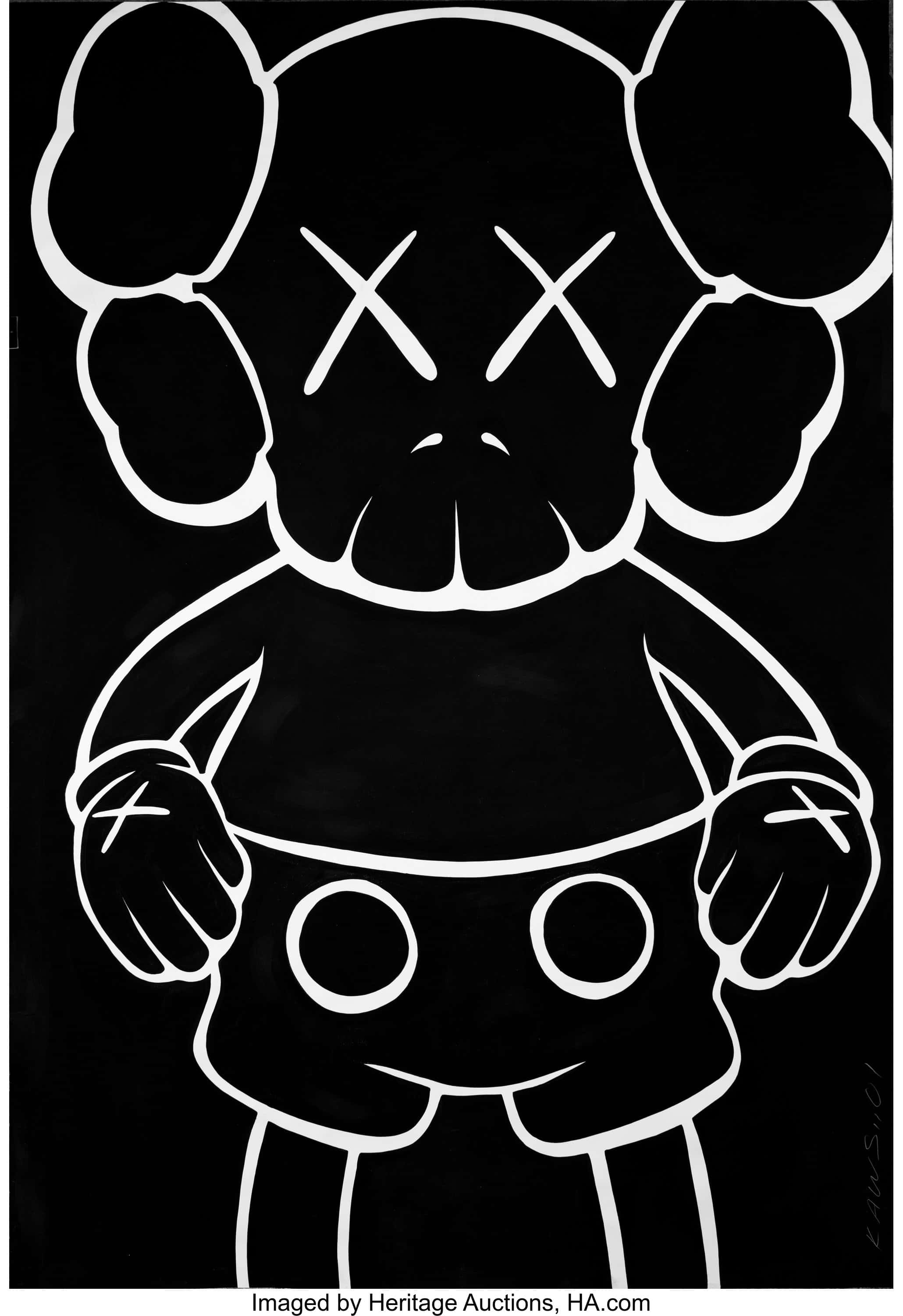 KAWS 桌布 壁紙 — 一個強烈的黑白插圖，描繪了一個風格化的卡通角色，帶有X形眼睛和X形手，背景為純黑色。