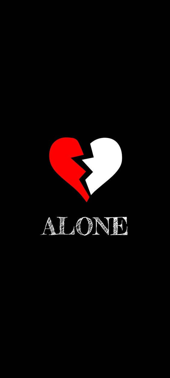 Broken Heart 桌布 壁紙 — 一個強烈破碎的心，分成紅色和白色，在黑色背景上，下方有ALONE字樣。