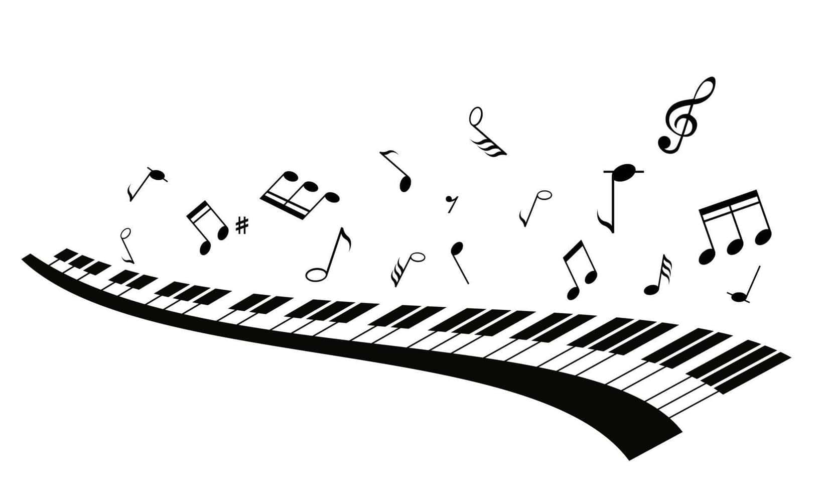 音樂 桌布 壁紙 — 一個彎曲的鋼琴鍵盤，帶有黑白相間向上飄浮的音樂音符。