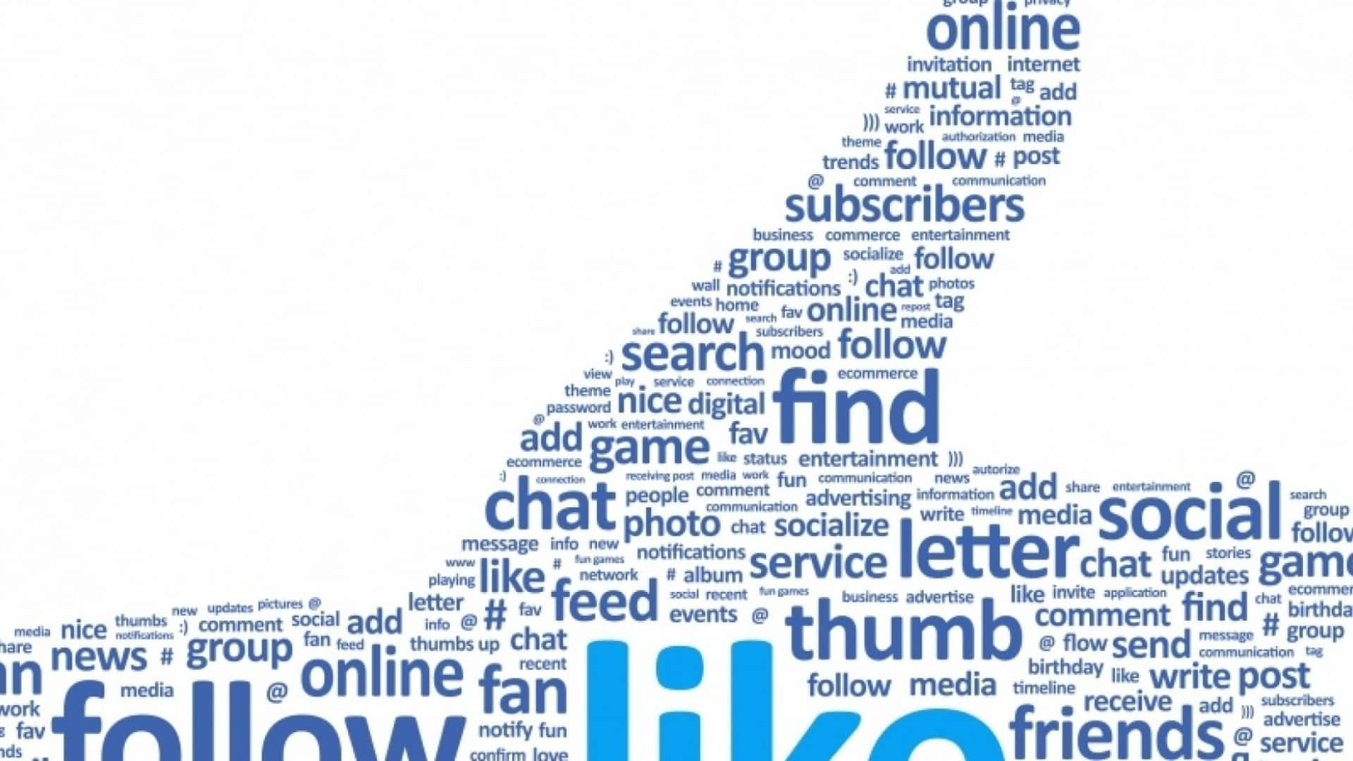 like button 桌布 壁紙 — 一個形狀像人頭的單詞雲，充滿社交媒體術語，如追蹤、按讚、聊天和線上。