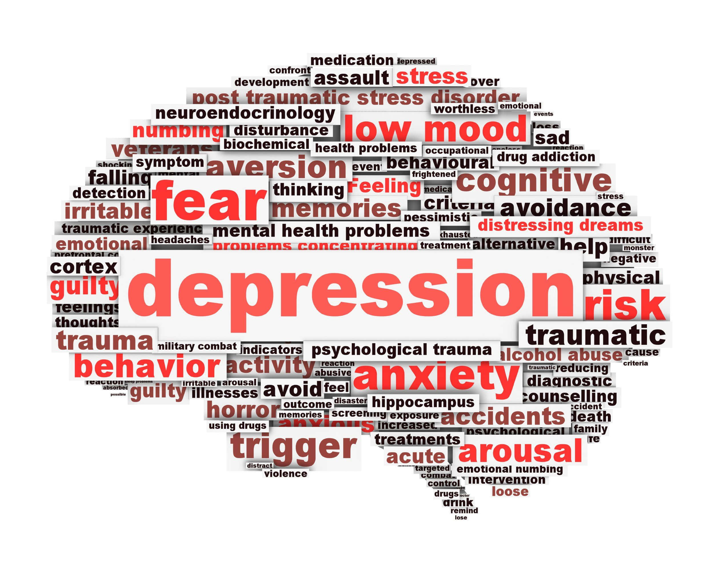 Depressing 桌布 壁紙 — 一個形狀像人類大腦的文字雲，包含與心理健康和憂鬱症相關的術語，大小和紅灰色調各異。