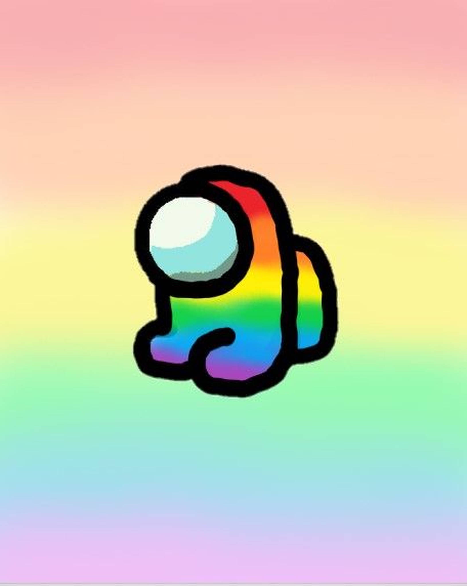 Pastel Rainbow 桌布 壁紙 — 一個彩虹色的Among Us船員漂浮在柔和的粉紅、黃色和藍色漸變天空上。