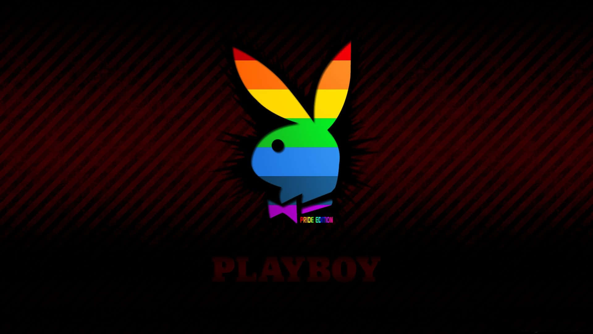 花花公子 桌布 壁紙 — 一個彩虹色的Playboy兔子標誌，帶有紫色蝴蝶結，居中在深紅色斜紋背景上。